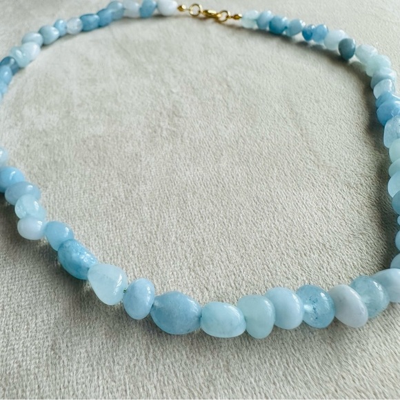 Aquamarine Beaded Necklace 14k Gold Plated Chain 18 Inch - Picture 6 of 17